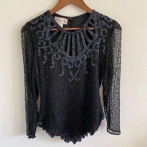 Vintage 80s Laurence Kazar Embellished Beaded Silk Long Sleeve Blouse